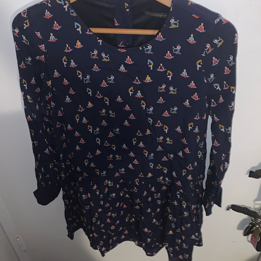 Zara Navy Blue Yoga Poses Printed Dropwaist Ruffle Dress Womens Size S
